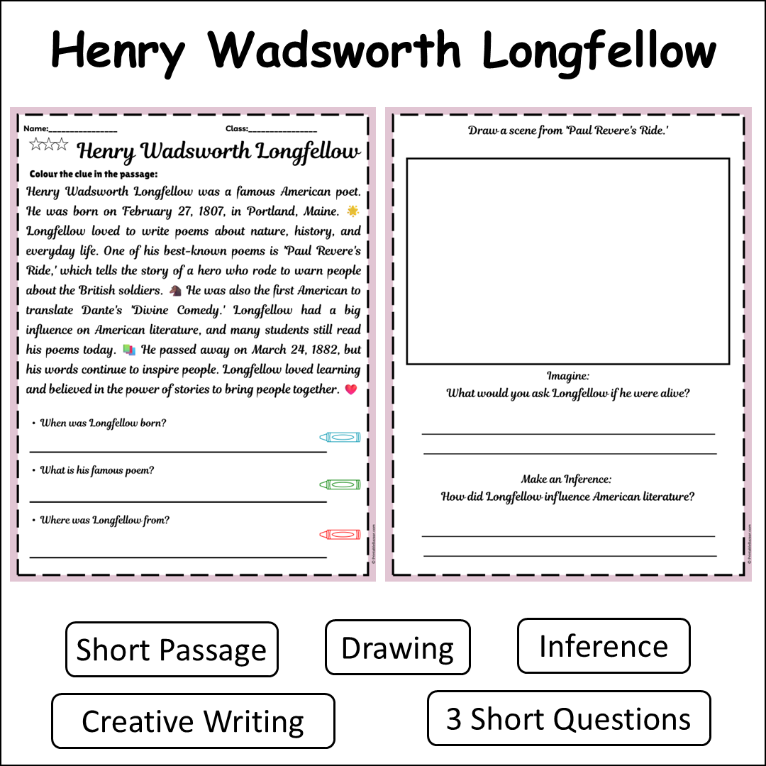 Henry Wadsworth Longfellow | Short Reading Comprehension Creative Worksheet