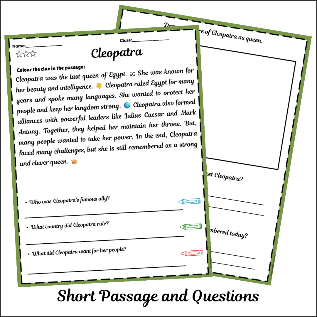 Cleopatra | Short Reading Comprehension Creative Worksheet