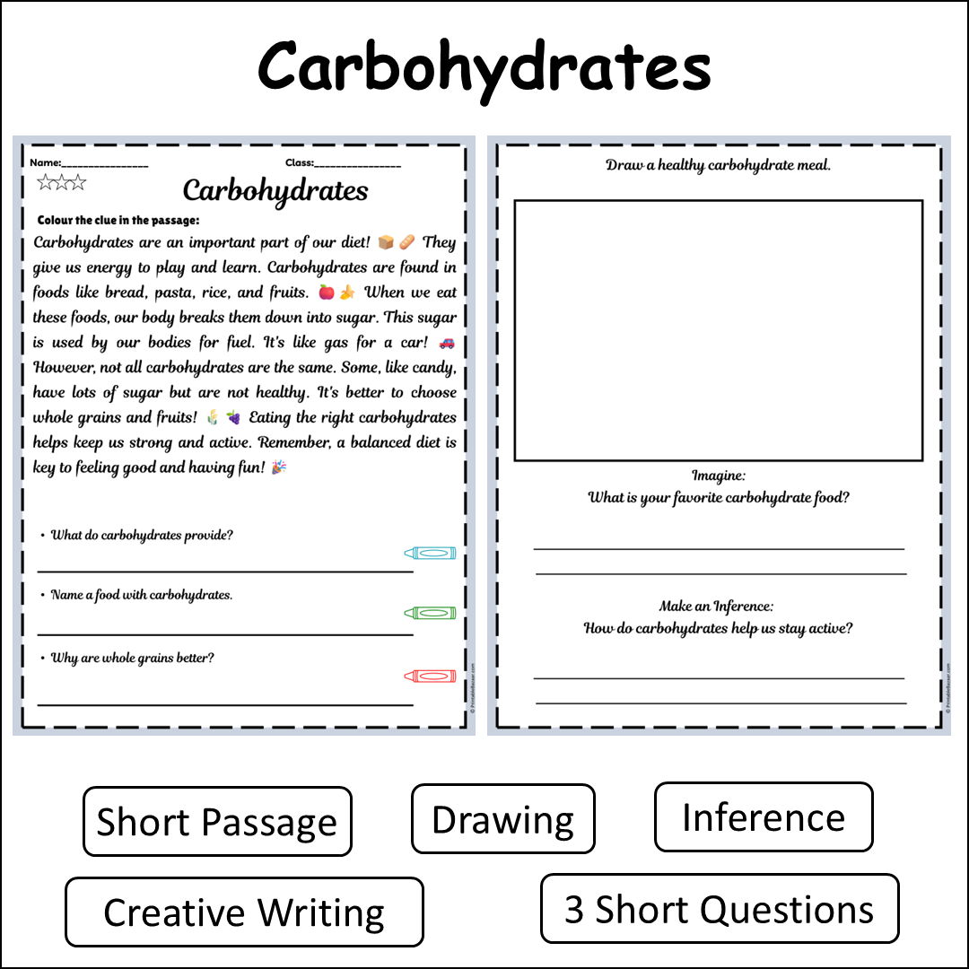 Carbohydrates | Short Reading Comprehension Creative Worksheet