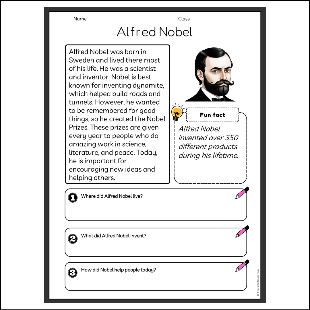 Alfred Nobel | Reading Passage Comprehension Questions Writing Facts Worksheet