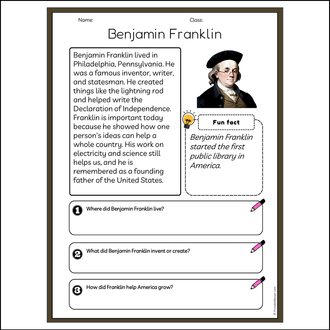 Benjamin Franklin | Reading Passage Comprehension Questions Writing Facts Worksheet