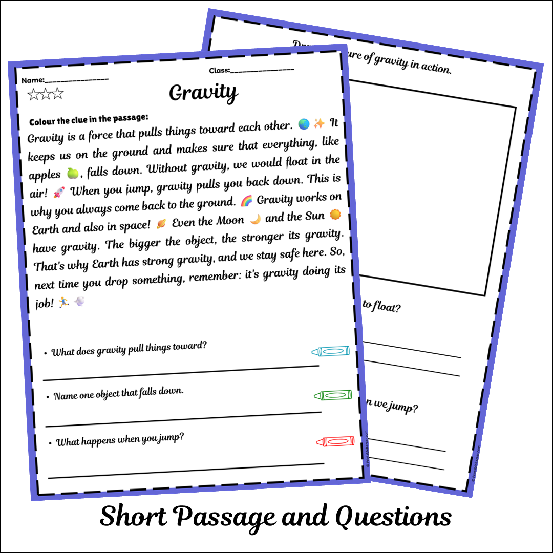 Gravity | Short Reading Comprehension Creative Worksheet