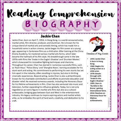 Jackie Chan | Biography Reading Comprehension and Questions Worksheet