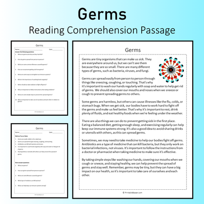 Germs | Reading Comprehension Passage Printable Worksheet
