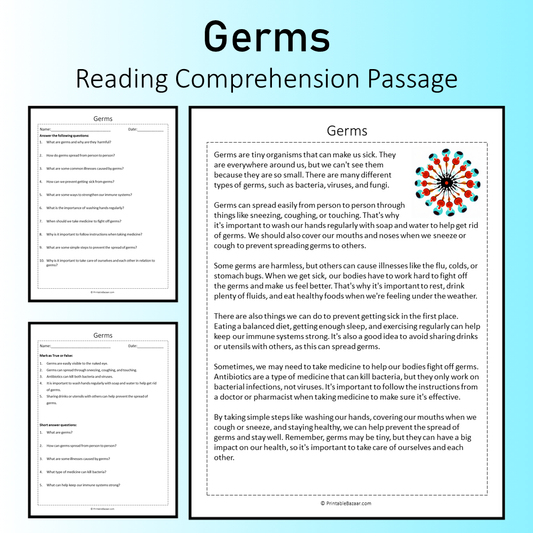 Germs | Reading Comprehension Passage Printable Worksheet