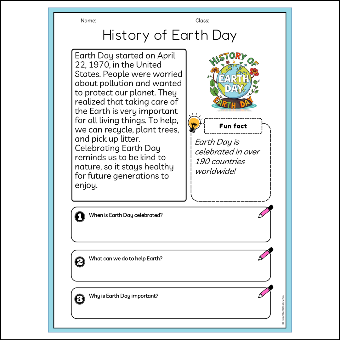 History of Earth Day | Reading Passage Comprehension Questions Writing Facts Worksheet