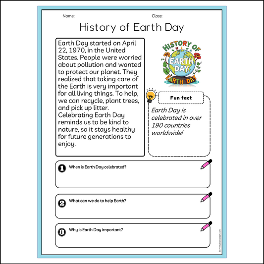 History of Earth Day | Reading Passage Comprehension Questions Writing Facts Worksheet