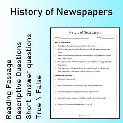 History of Newspapers | Reading Comprehension Passage Printable Worksheet