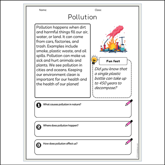 Pollution | Reading Passage Comprehension Questions Writing Facts Worksheet