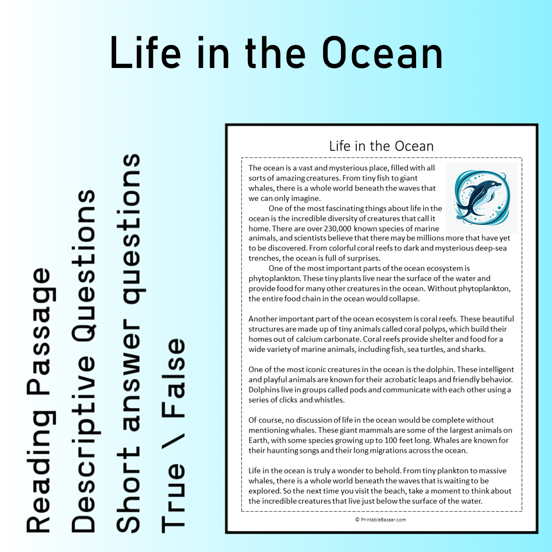Life in the Ocean | Reading Comprehension Passage Printable Worksheet
