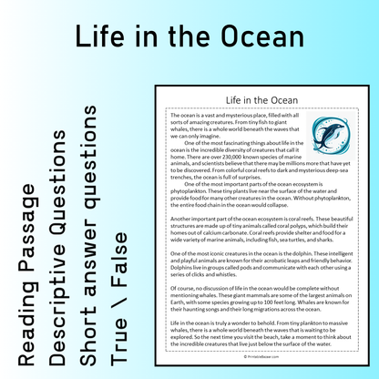 Life in the Ocean | Reading Comprehension Passage Printable Worksheet
