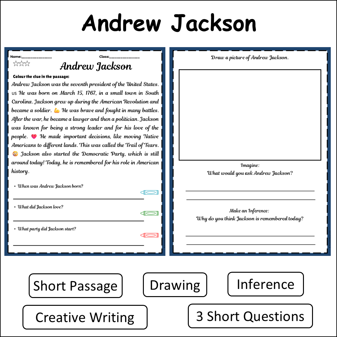 Andrew Jackson | Short Reading Comprehension Creative Worksheet