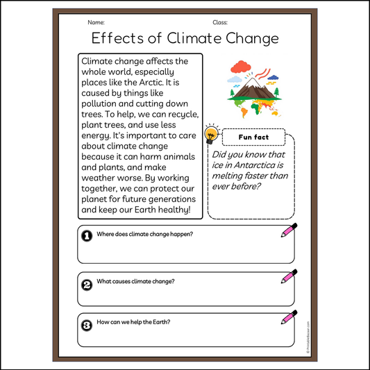 Effects of Climate Change | Reading Passage Comprehension Questions Writing Facts Worksheet