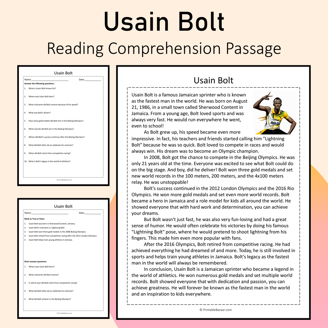 Usain Bolt | Reading Comprehension Passage Printable Activity