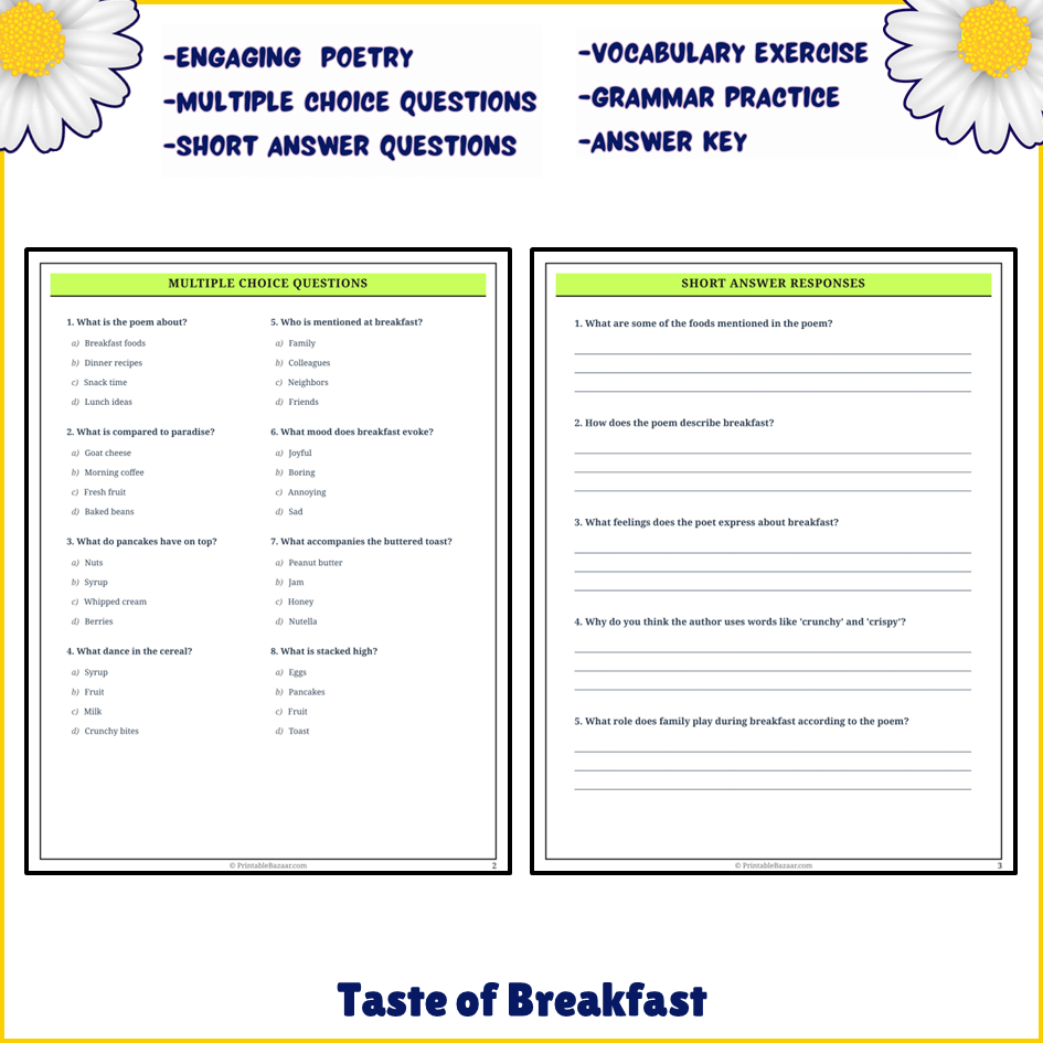 Taste of Breakfast | Poem Grammar Worksheet Printable Activity