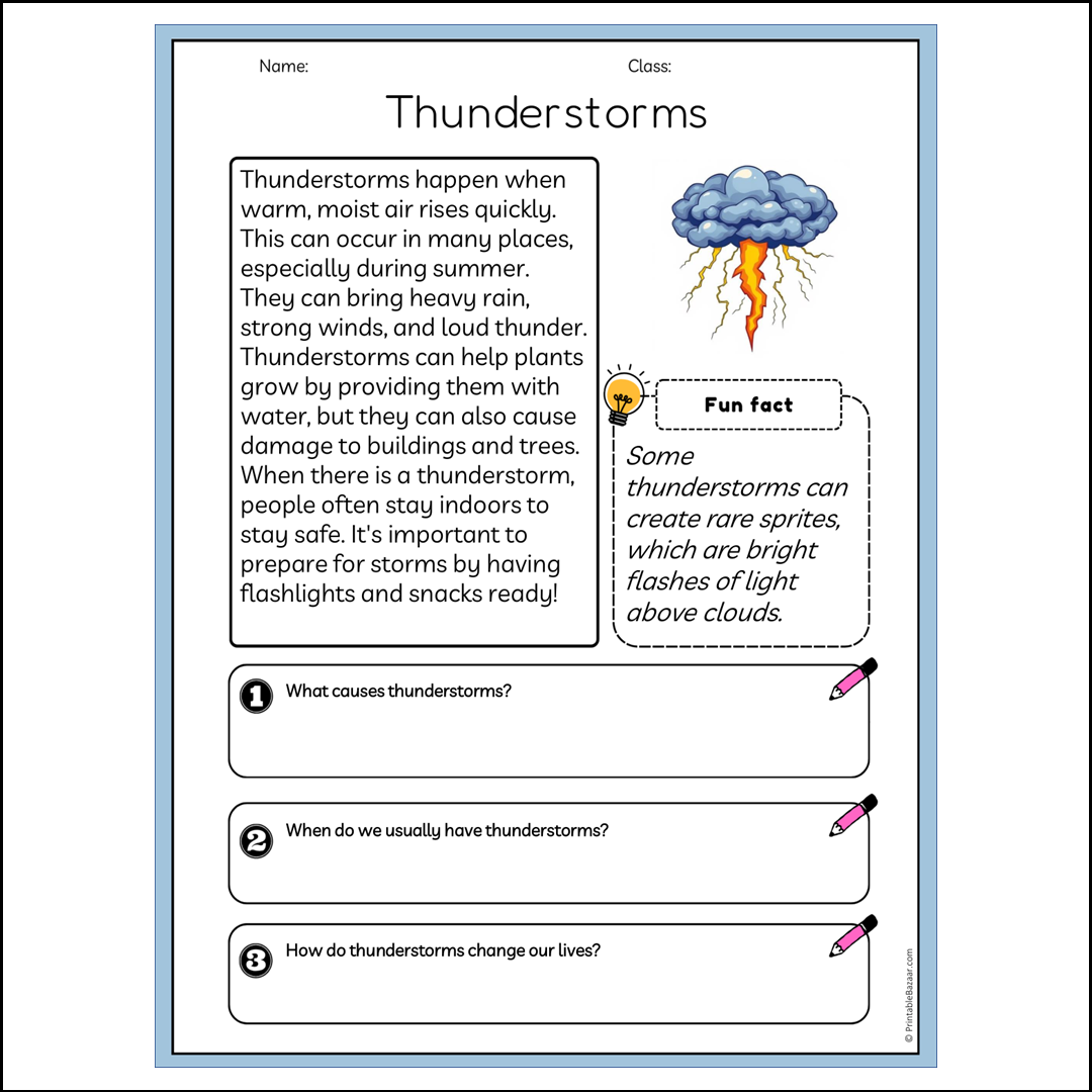 Thunderstorms | Reading Passage Comprehension Questions Writing Facts Worksheet