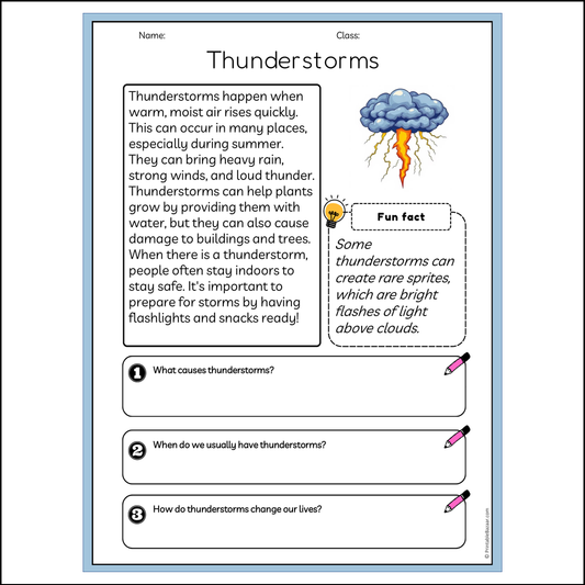 Thunderstorms | Reading Passage Comprehension Questions Writing Facts Worksheet