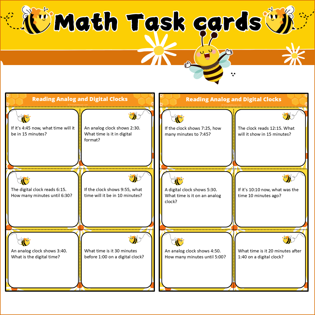 Reading Analog and Digital Clocks | Math Task Cards