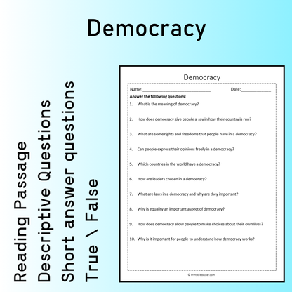 Democracy | Reading Comprehension Passage Printable Worksheet