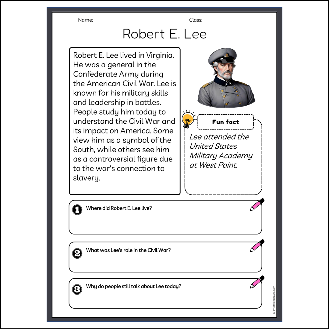 Robert E. Lee | Reading Passage Comprehension Questions Writing Facts Worksheet