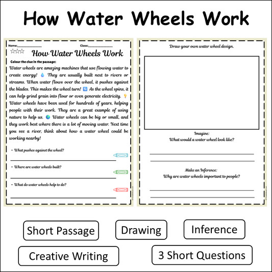 How Water Wheels Work | Short Reading Comprehension Creative Worksheet