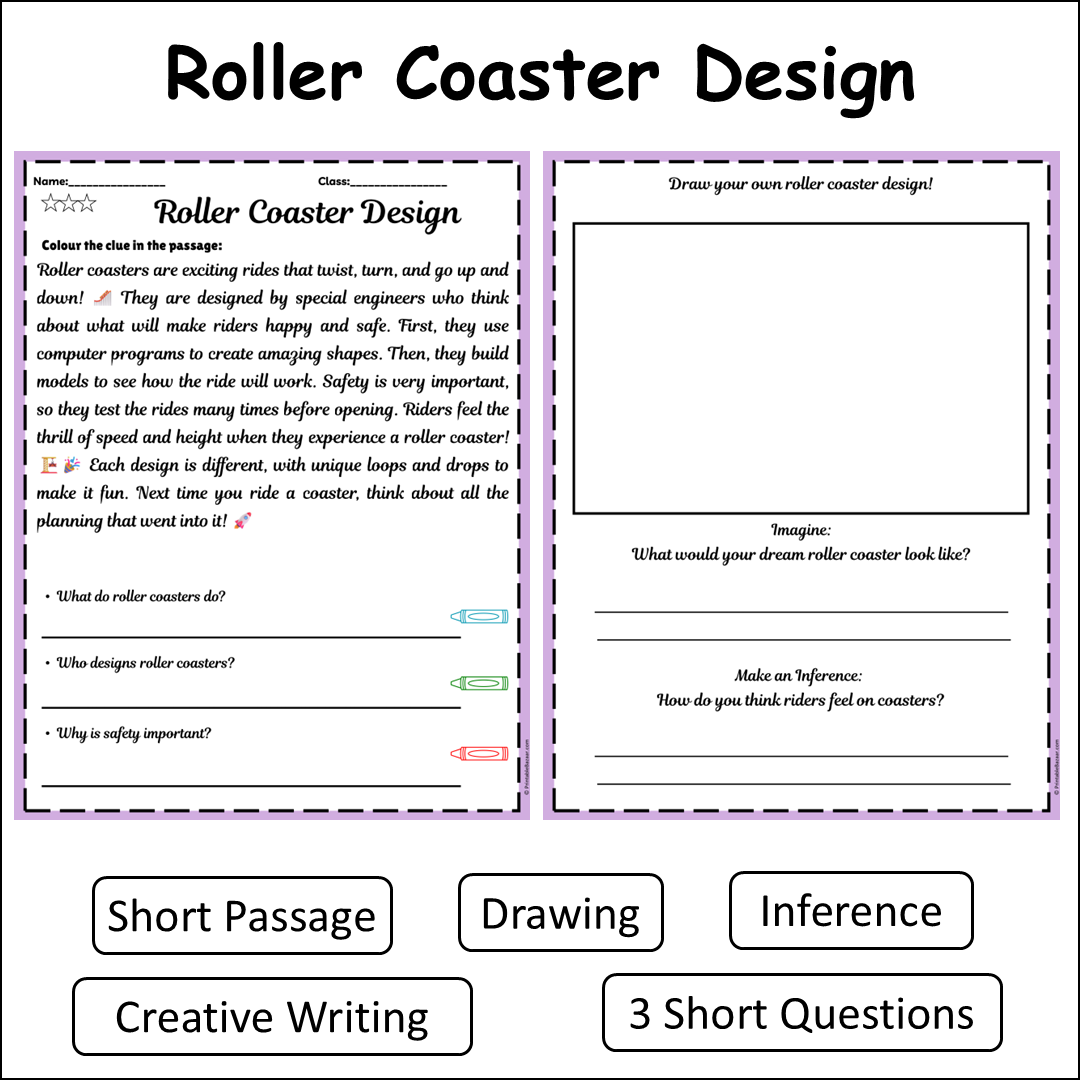 Roller Coaster Design | Short Reading Comprehension Creative Worksheet