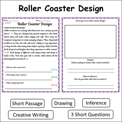 Roller Coaster Design | Short Reading Comprehension Creative Worksheet