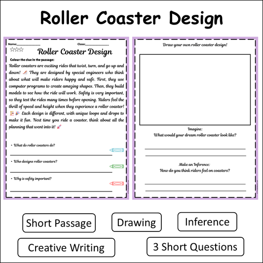 Roller Coaster Design | Short Reading Comprehension Creative Worksheet