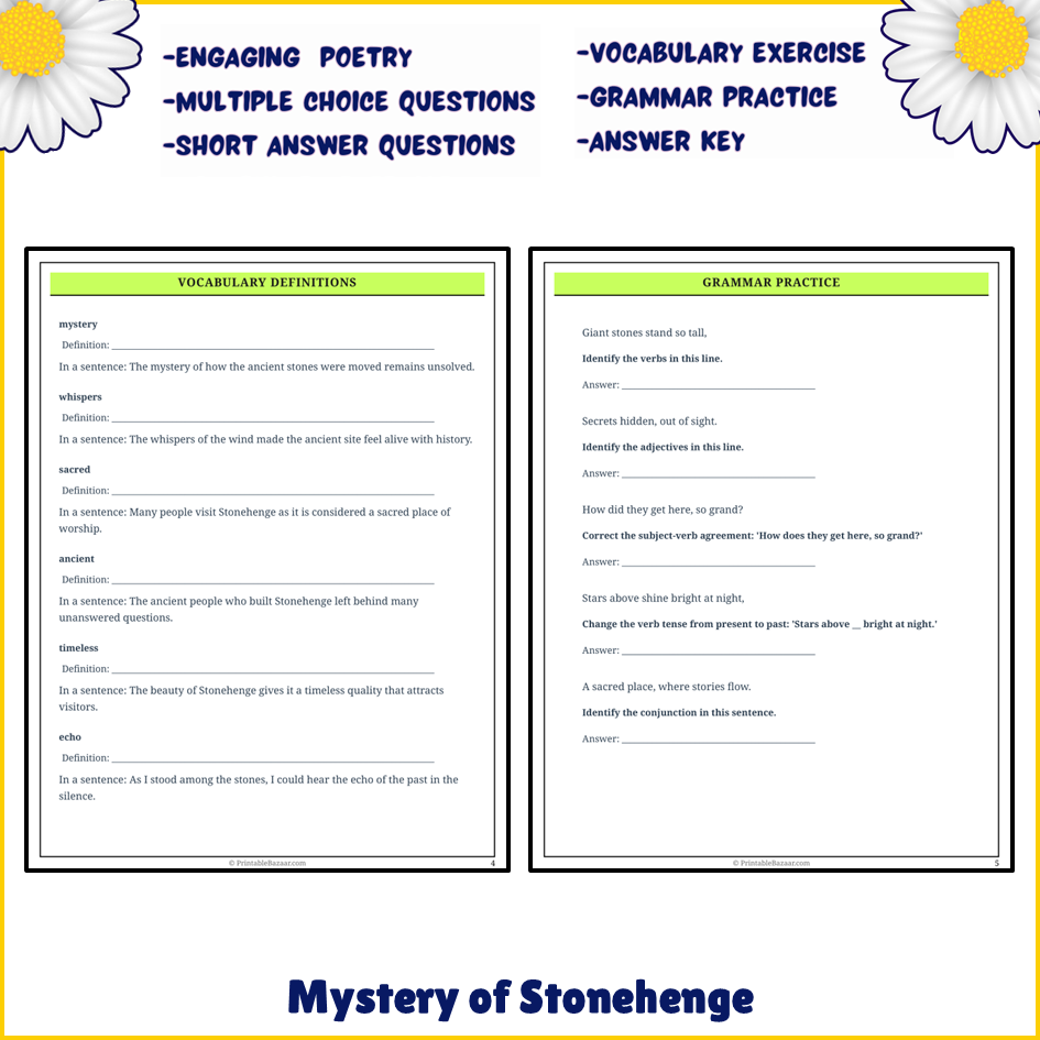 Mystery of Stonehenge | Poem Grammar Worksheet Printable Activity