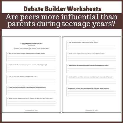 Are peers more influential than parents during teenage years? | Favour and Against Worksheet Printable Activity