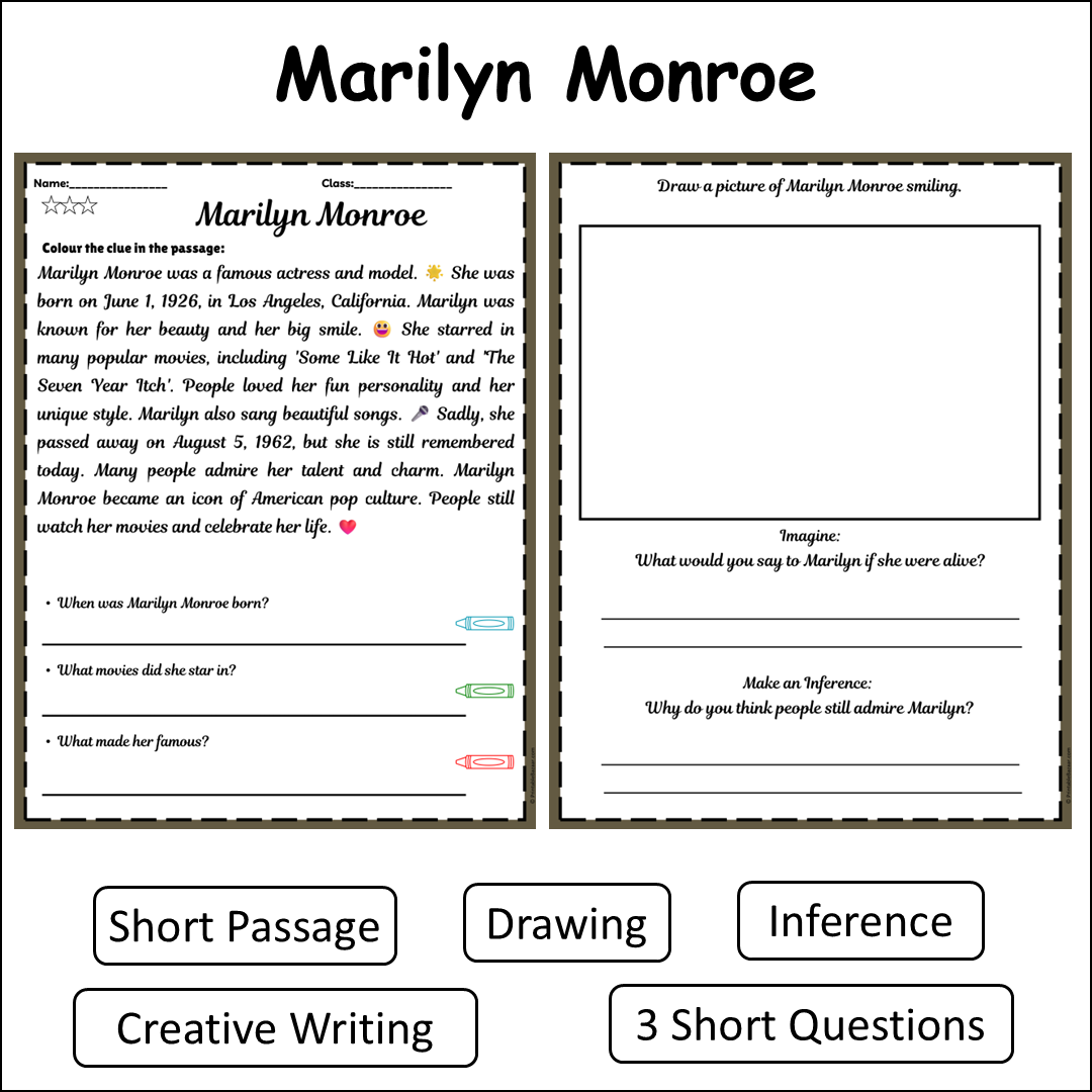 Marilyn Monroe | Short Reading Comprehension Creative Worksheet
