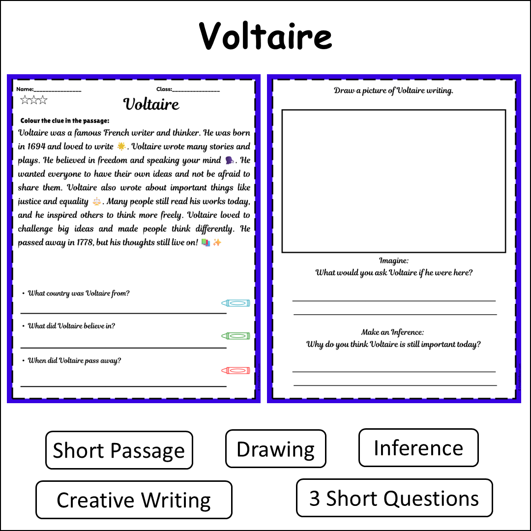 Voltaire | Short Reading Comprehension Creative Worksheet