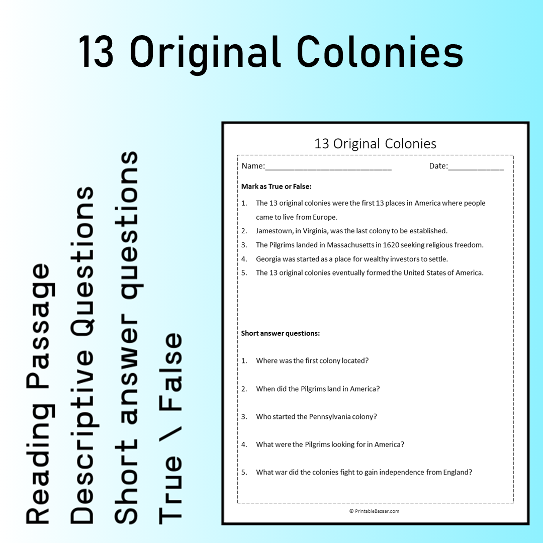 13 Original Colonies | Reading Comprehension Passage Printable Worksheet