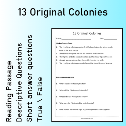 13 Original Colonies | Reading Comprehension Passage Printable Worksheet