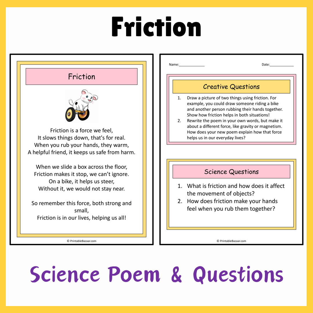 Friction | Science Poem Reading Comprehension Activity