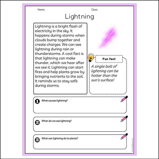 Lightning | Reading Passage Comprehension Questions Writing Facts Worksheet