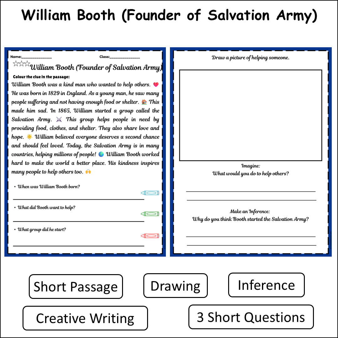 William Booth (Founder of Salvation Army) | Short Reading Comprehension Creative Worksheet