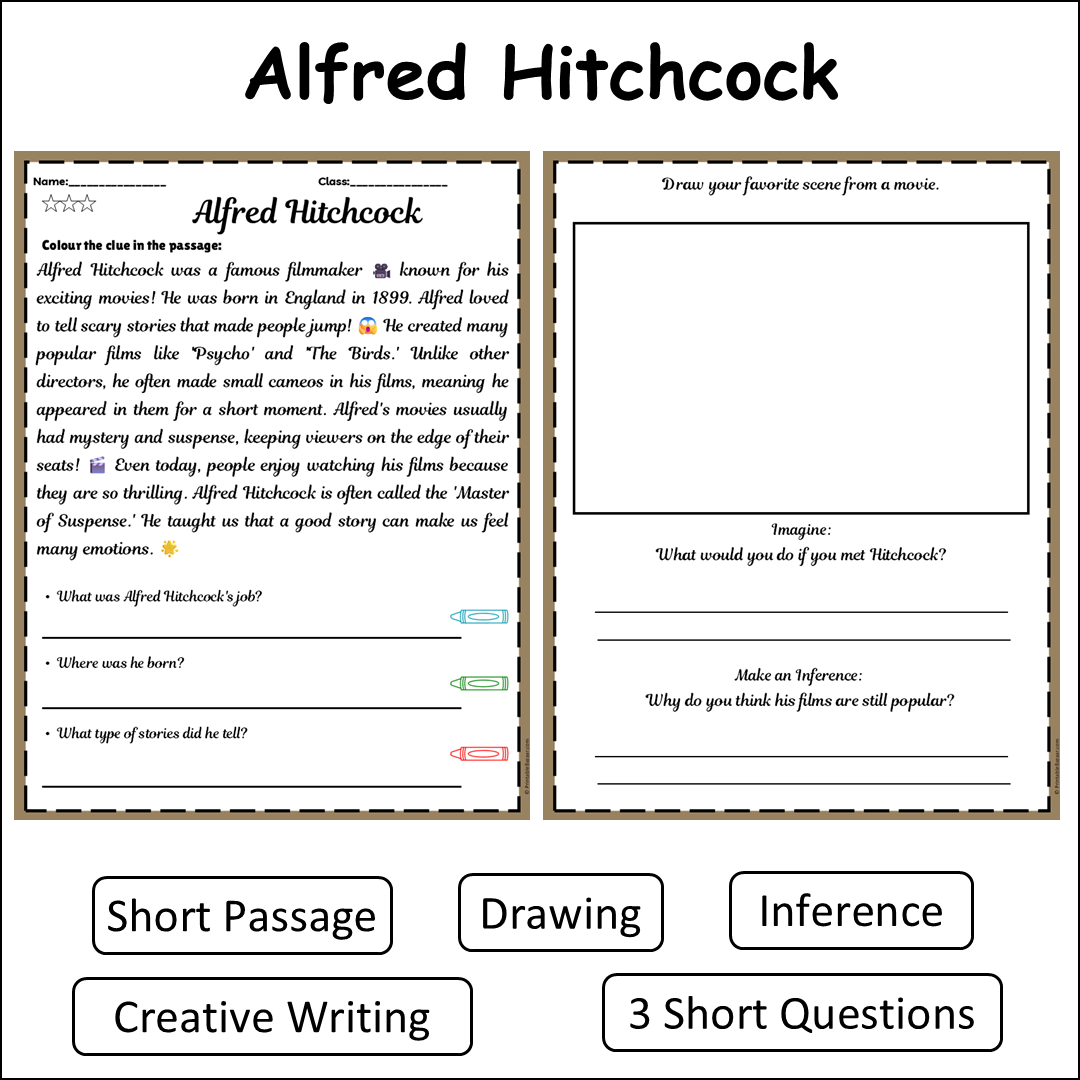 Alfred Hitchcock | Short Reading Comprehension Creative Worksheet