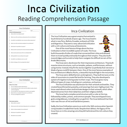 Inca Civilization | Reading Comprehension Passage Printable Worksheet
