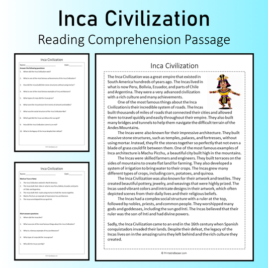 Inca Civilization | Reading Comprehension Passage Printable Worksheet