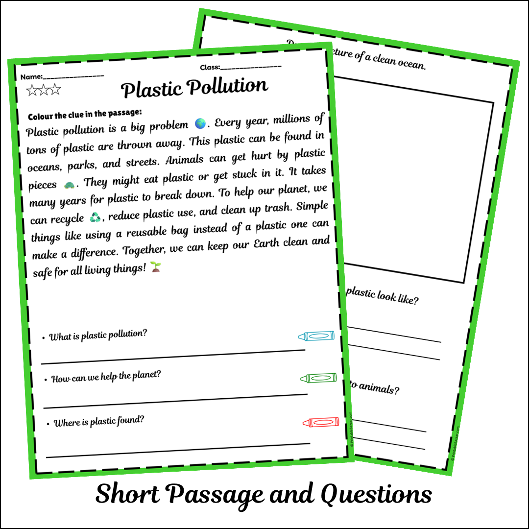 Plastic Pollution | Short Reading Comprehension Creative Worksheet