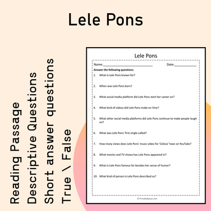 Lele Pons | Reading Comprehension Passage Printable Activity