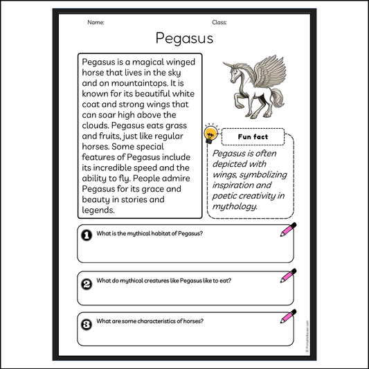 Pegasus | Reading Passage Comprehension Questions Writing Facts Worksheet