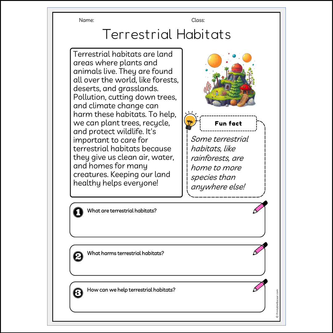 Terrestrial Habitats | Reading Passage Comprehension Questions Writing Facts Worksheet