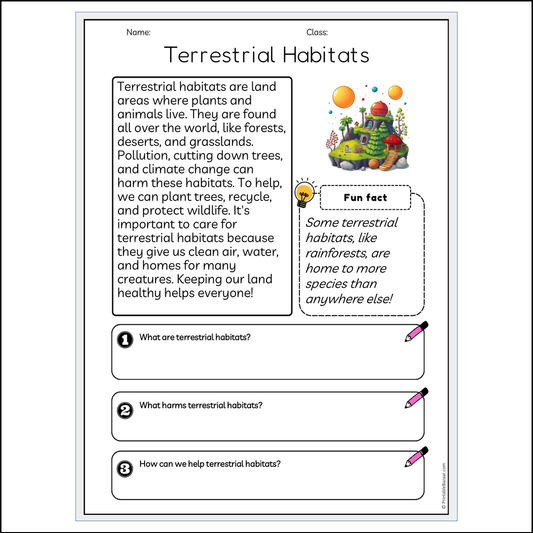 Terrestrial Habitats | Reading Passage Comprehension Questions Writing Facts Worksheet