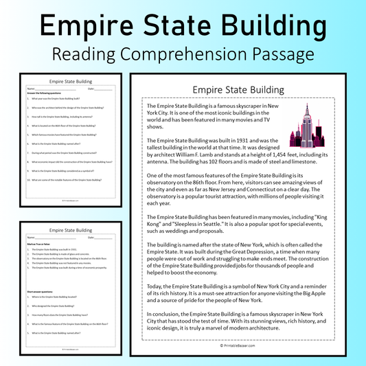 Empire State Building | Reading Comprehension Passage Printable Worksheet