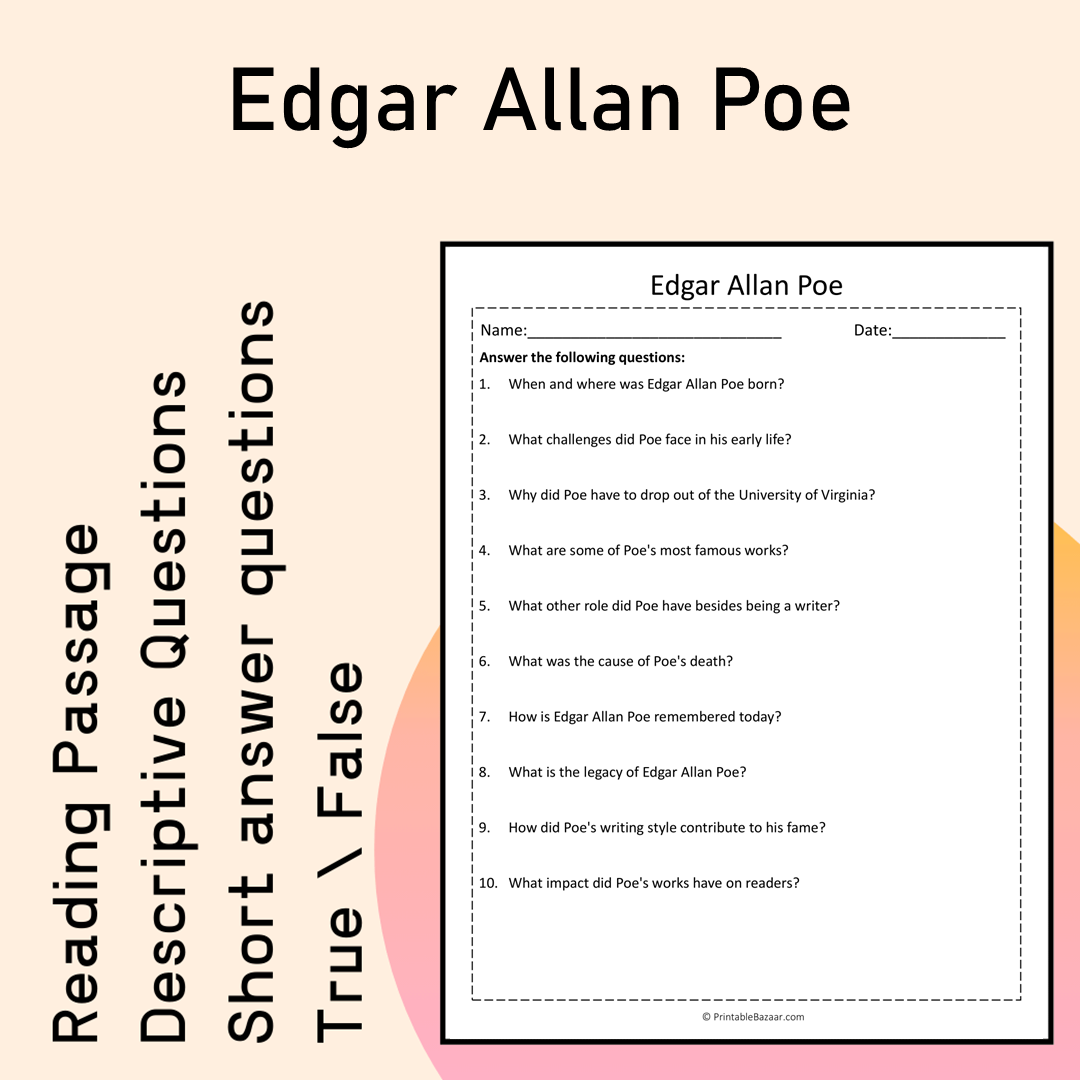 Edgar Allan Poe | Reading Comprehension Passage Printable Activity