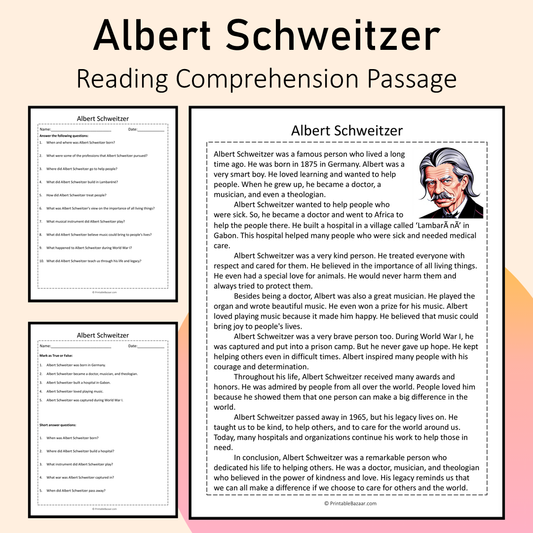 Albert Schweitzer | Reading Comprehension Passage Printable Activity