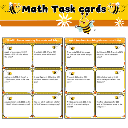 Word Problems Involving Discounts and Sales | Math Task Cards