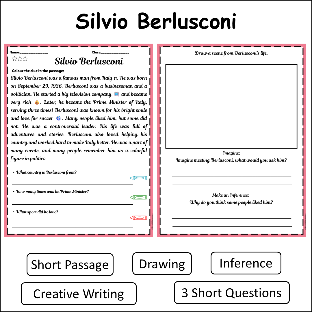 Silvio Berlusconi | Short Reading Comprehension Creative Worksheet